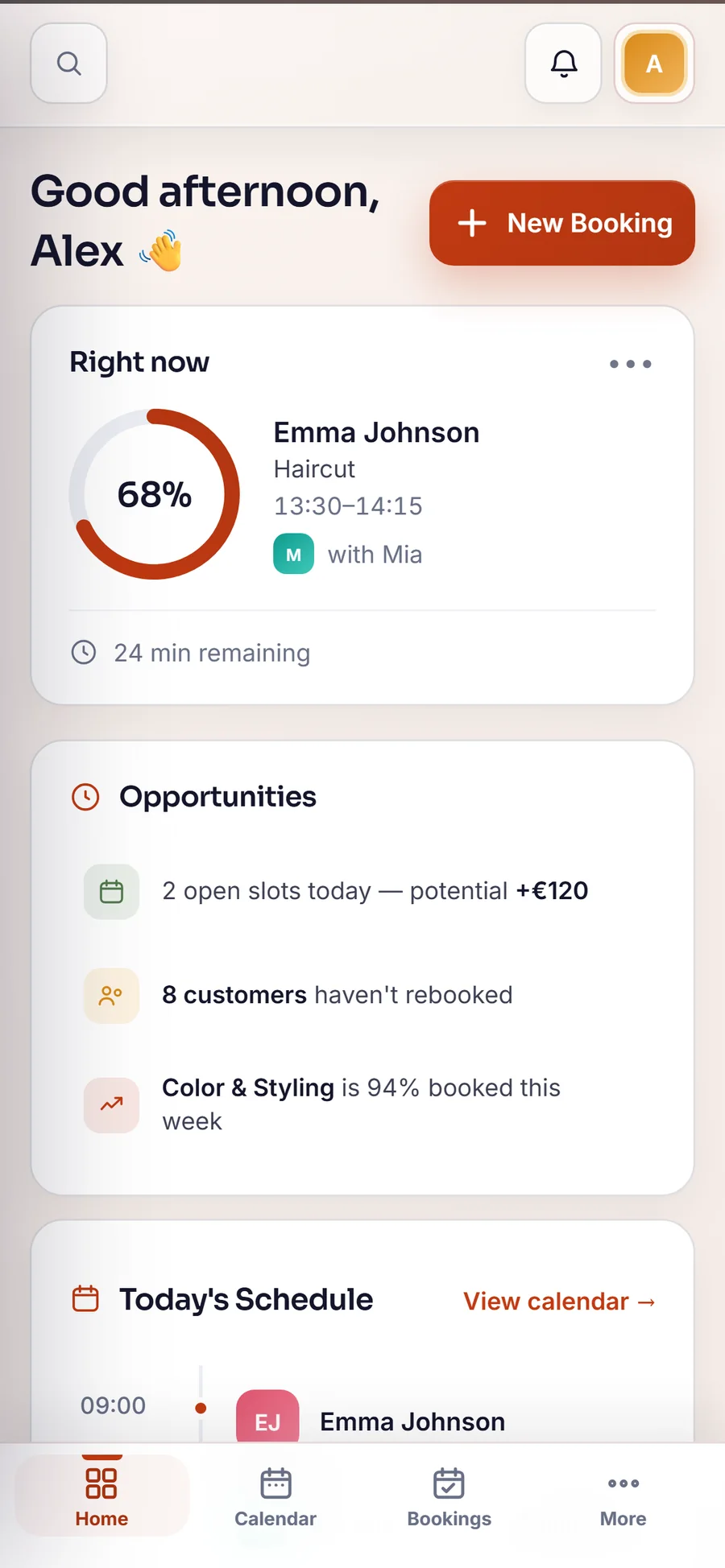 The same workspace on a phone: the booking running right now, the day's open slots and rebooking opportunities, and the schedule below.